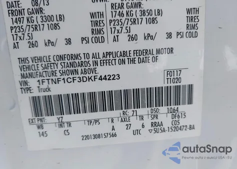 2013 Ford F-150 Xl from USA, damaged, VIN 1FTNF1CF3DKF44223